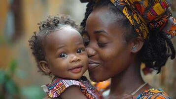 Joyful Mother Embracing Her Adorable Baby in a Colorful African Setting Under Bright Sunlight photo