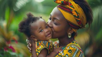 A Joyful Moment Between a Mother and Her Child in Vibrant African Attire Surrounded by Lush Greenery on a Sunny Day photo