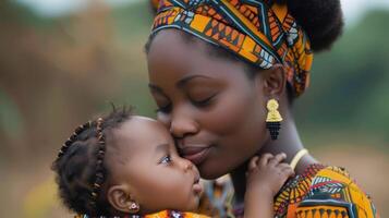 A Mother's Embrace With Her Child in Vibrant Traditional Attire in a Natural Landscape photo