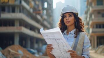 Determined Architect Reviewing Blueprints On A Construction Site During A Bright Day photo