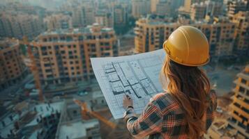 A Construction Professional Analyzing Architectural Plans Overlooking a Bustling Urban Skyline at Dusk photo