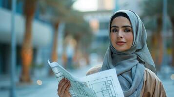Determined Professional Woman Analyzing Architectural Plans in Urban Environment During Daylight photo