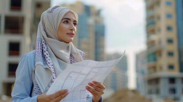 Young Architect in a Hijab Analyzes Blueprints on a Construction Site at Sunset in a Modern Urban Landscape photo