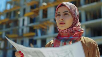 Determined Architect Examining Blueprints Amidst Urban Construction Site in Bright Daylight photo