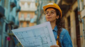Young Architect Examining Blueprints While Walking Through Historic City Streets in Daylight photo