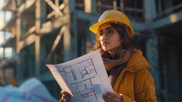 Dedicated Architect Evaluating Blueprints at Construction Site During Golden Hour photo
