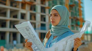 Focused Architect Evaluates Building Plans at Urban Construction Site During Daylight Hours photo