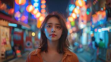 A Young Woman Stands Enveloped by Vibrant Lanterns on a Lively Night Street in an Urban Setting photo