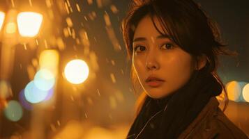 Captivating Woman Stands Under Lantern Lights While Snow Falls Gently on a Winter Evening photo