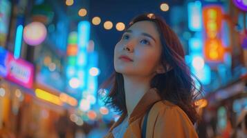 Enchanted Evening Stroll Through Vibrant Streets Filled With Neon Lights photo