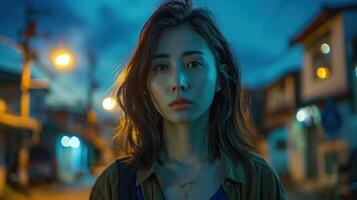 A Young Woman Stands Thoughtfully Under Streetlights in a Vibrant Evening Urban Setting photo