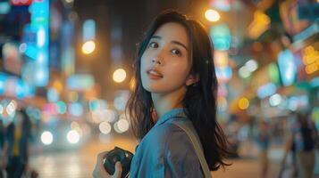A Nighttime Wanderer Capturing Urban Beauty in a Vibrant Cityscape Filled With Lights photo