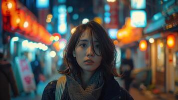 A Young Woman Stands Alone in a Vibrant City Alley Illuminated by Neon Lights at Night photo