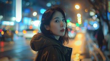 Enigmatic Woman Stands Under Neon Lights on Rainy Urban Night Walk photo