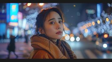 A Young Woman Stands at a Vibrant City Intersection During a Nighttime Outing photo