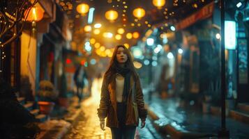 Enchanting Evening Stroll Through a Lantern-Lit Street in a Vibrant Market photo