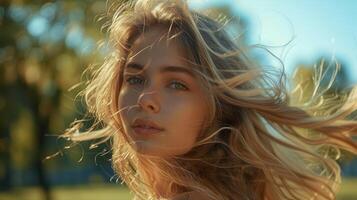 Sunlit Autumn Afternoon With a Young Woman Embracing Nature in a Park photo