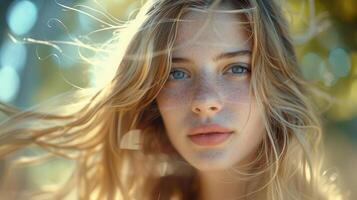 Captivating Portrait of a Young Woman With Flowing Hair Against a Sunlit Forest Background photo