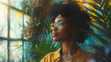 A Thoughtful Woman Gazing Out the Window Surrounded by Lush Greenery in a Brightly Colored Room photo