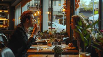 Romantic Candlelit Dinner For Two at a Cozy City Restaurant On a Rainy Evening photo