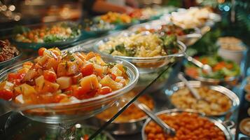 Colorful Array of Fresh Salads and Vegetables at a Bustling Market in Early Evening photo
