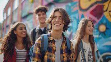 A Group of Lively Teens Enjoying a Colorful Day in an Urban Graffiti Alley photo