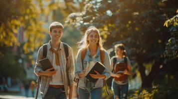 Two Smiling Students Walking Through a Sunlit Campus Pathway During Autumn While Carrying Books photo