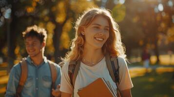 Joyful Students Walking Through a Sunlit Park During Early Autumn Sunshine photo
