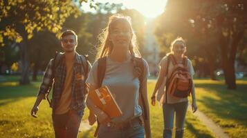 Three Students Strolling Through a Sunlit Park, Enjoying the Warm Afternoon Together photo