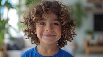 Joyful Young Boy With Curly Hair Smiling Brightly in a Cozy Indoor Setting photo