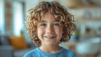 Joyful Boy With Curly Hair Smiling Brightly in Cozy Indoor Setting on a Sunny Day photo