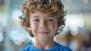 Joyful Young Boy With Curly Hair Smiling Brightly in a Sunlit Room During a Cheerful Afternoon photo
