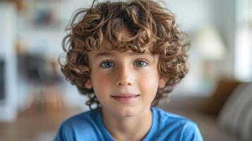 A Young Boy With Curly Hair Smiling Brightly in a Cozy Living Room Setting During Daylight photo
