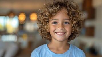 Joyful Young Boy With Curly Hair Smiling Brightly in Cozy Indoor Space on a Sunny Day photo