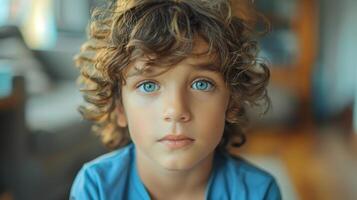 Enigmatic Gaze of a Young Boy With Curly Hair Captured in a Cozy Indoor Setting on a Sunny Day photo