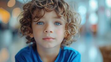 A Curious Boy With Blue Eyes and Curly Hair at a Bright Indoor Space photo