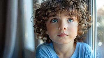 Contemplative Young Boy With Curly Hair Gazing Out of Bright Window in Late Afternoon Light photo