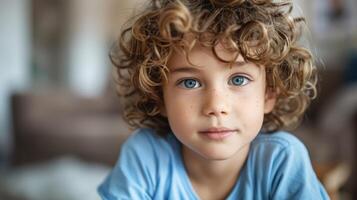 Curly-Haired Boy With Bright Blue Eyes Engaged in Playful Activity at Home During Sunny Afternoon photo