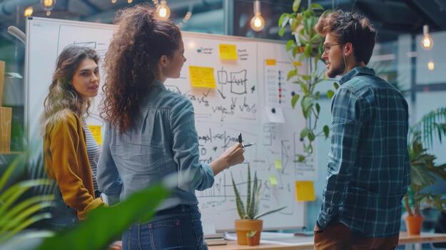 colaborativo equipo lluvia de ideas sesión en un moderno espacio de trabajo rodeado por plantas y creativo ideas foto