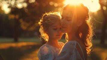 Heartwarming Sunset Embrace Between Mother and Daughter in Tranquil Park During Golden Hour photo