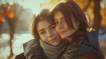 Embracing Friendship Under Golden Autumn Leaves by the River at Dusk photo