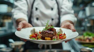 A Culinary Masterpiece Served by a Talented Chef in a Bustling Restaurant Kitchen at Dusk photo