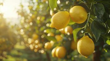 Golden Lemons Clinging to Sunlit Branches in a Lush Orchard at Dusk photo