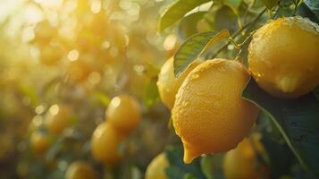 Golden Lemons Glistening Under Warm Sunlight in a Lush Orchard at Sunset photo