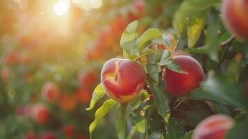 Vibrant Orchard at Sunset With Juicy Peaches Ripening on the Trees in Late Summer photo