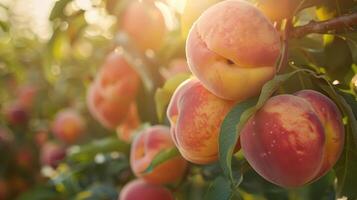 Sunlit Orchard Filled With Ripe Peaches on a Warm Summer Afternoon in the Countryside photo