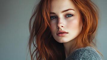 Young Woman With Vibrant Red Hair Posing Thoughtfully Against a Neutral Background in Soft Natural Light photo