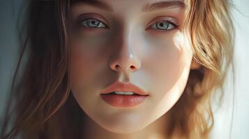 Captivating Close-Up Portrait of a Young Woman With Natural Light in a Serene Indoor Setting photo