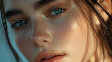 Young Woman With Striking Blue Eyes Posing Calmly Against Soft Background in Natural Light photo