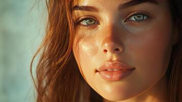 Young Woman With Gorgeous Green Eyes in Natural Light at Golden Hour by Serene Beach photo